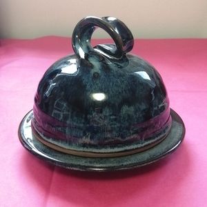 Butter dish hand made pottery stoneware, lidded, blueish/green, LIKE NEW